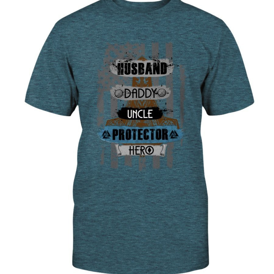 Husband - Daddy - Protector - Hero Premium T-Shirt - Blue & Brown
