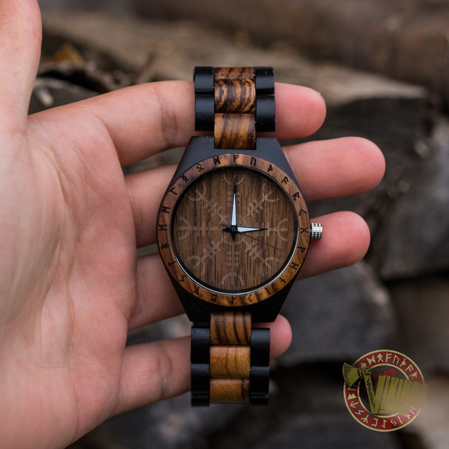 Ivar Viking Wooden Watch with Helm of Awe Viking Symbol & Engraved Die in Battle & Go To Valhalla Saying - VikingsBrand