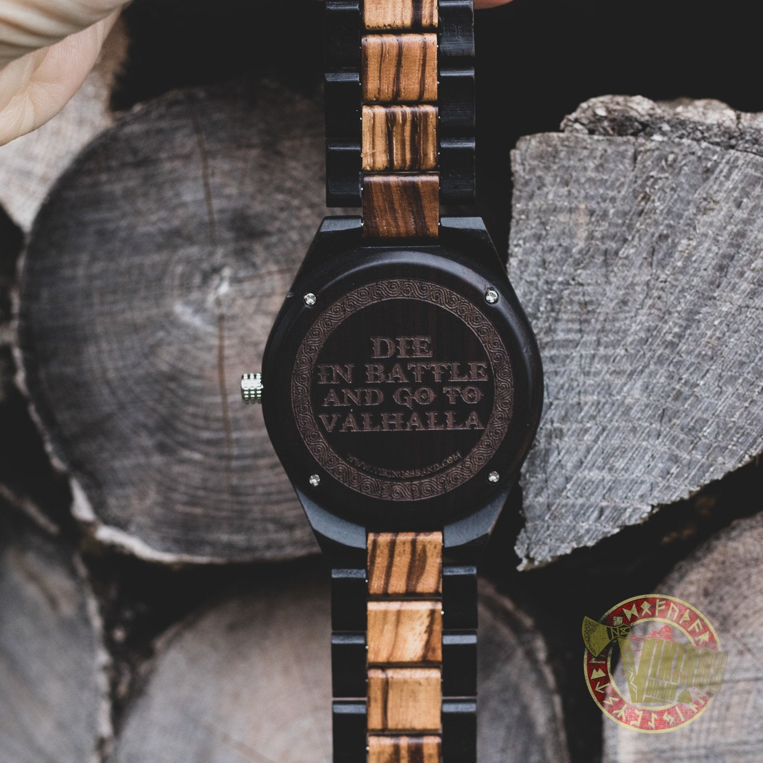 Ivar Viking Wooden Watch with Helm of Awe Viking Symbol & Engraved Die in Battle & Go To Valhalla Saying - VikingsBrand back1