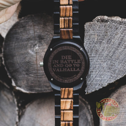 Ivar Viking Wooden Watch with Helm of Awe Viking Symbol & Engraved Die in Battle & Go To Valhalla Saying - VikingsBrand back1