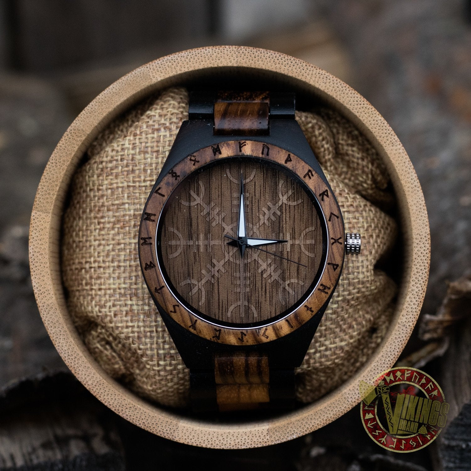 Handmade Ivar Wooden Viking Watch with Helm of Awe and Runic Circle, Unisex, Includes Customizable Engraved Quote or Name front