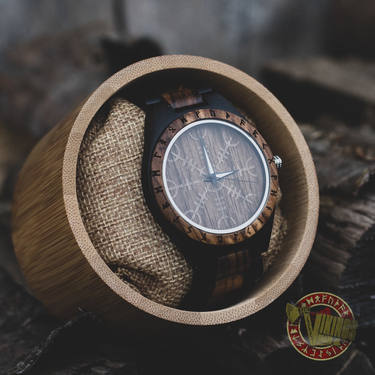 Ivar Viking Wooden Watch with Helm of Awe Viking Symbol & Engraved Die in Battle & Go To Valhalla Saying - VikingsBrand