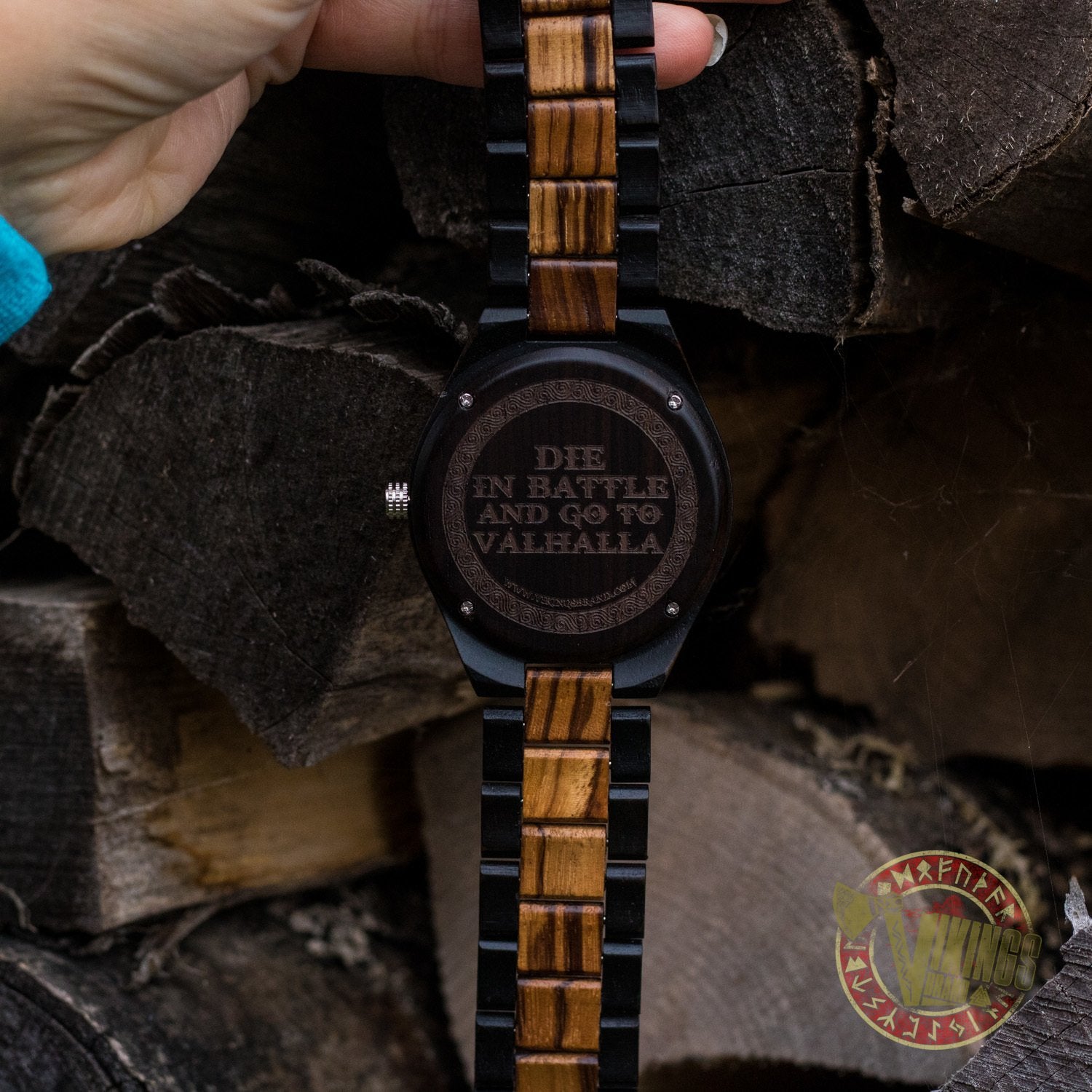 Ivar Viking Wooden Watch with Helm of Awe Viking Symbol & Engraved Die in Battle & Go To Valhalla Saying - VikingsBrand