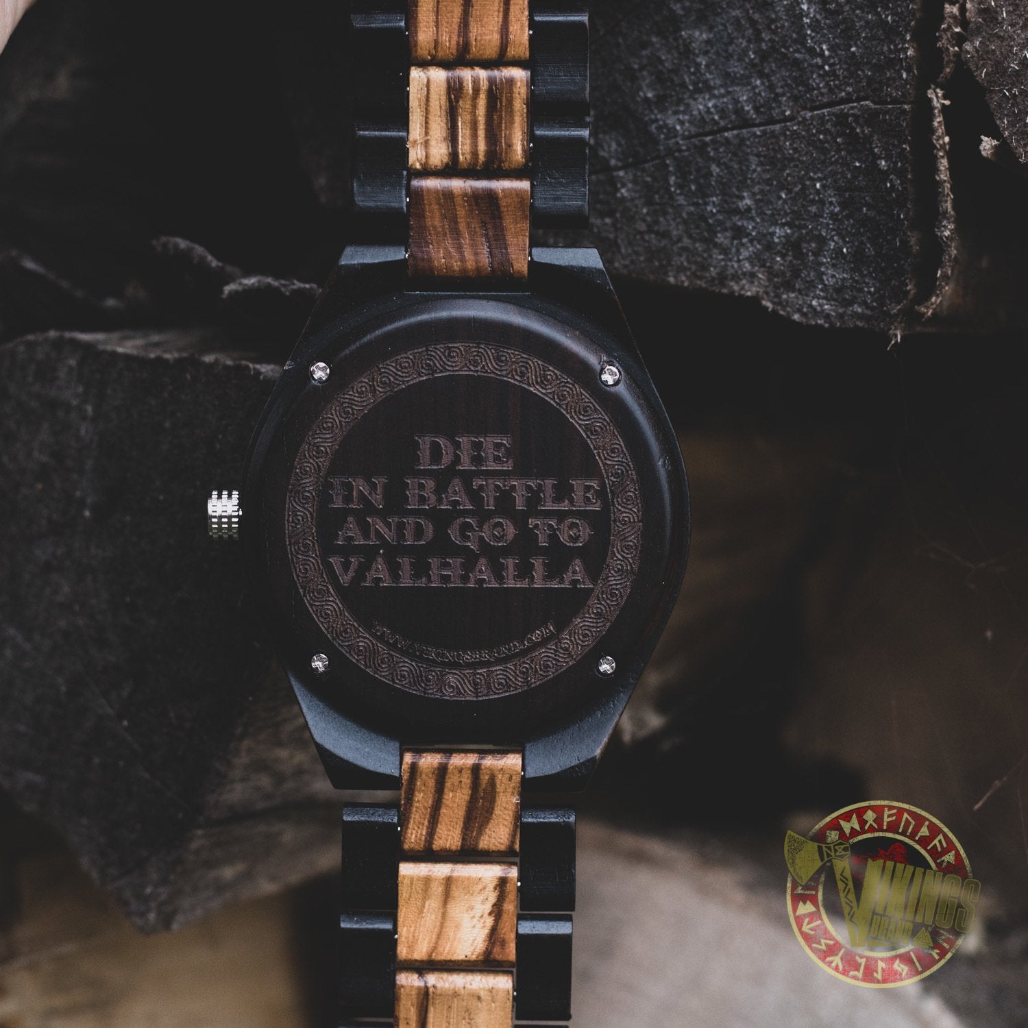 Ivar Viking Wooden Watch with Helm of Awe Viking Symbol & Engraved Die in Battle & Go To Valhalla Saying - VikingsBrand