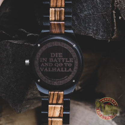 Ivar Viking Wooden Watch with Helm of Awe Viking Symbol & Engraved Die in Battle & Go To Valhalla Saying - VikingsBrand