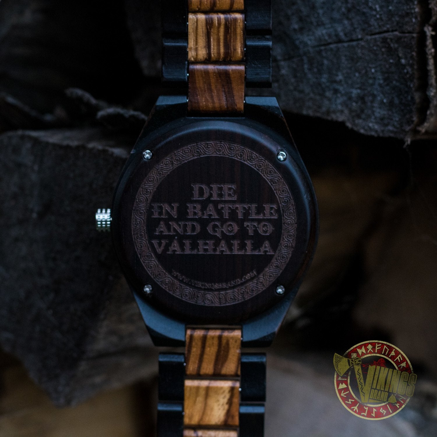 Ivar Viking Wooden Watch with Helm of Awe Viking Symbol & Engraved Die in Battle & Go To Valhalla Saying - VikingsBrand back