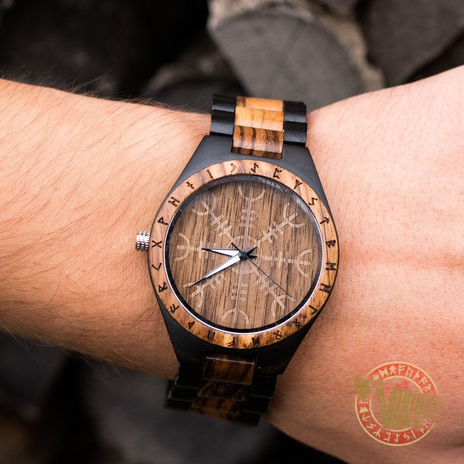 Ivar Viking Wooden Watch with Helm of Awe Viking Symbol & Engraved Die in Battle & Go To Valhalla Saying - VikingsBrand