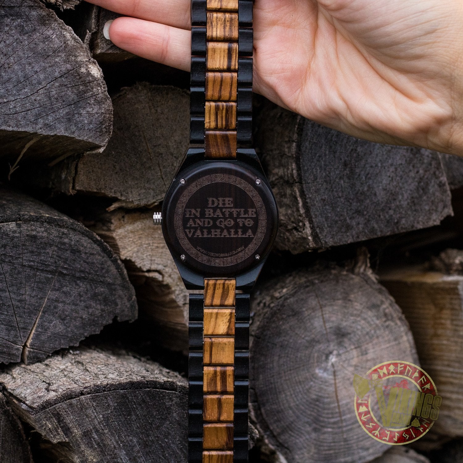 Ivar Viking Wooden Watch with Helm of Awe Viking Symbol & Engraved Die in Battle & Go To Valhalla Saying - VikingsBrand