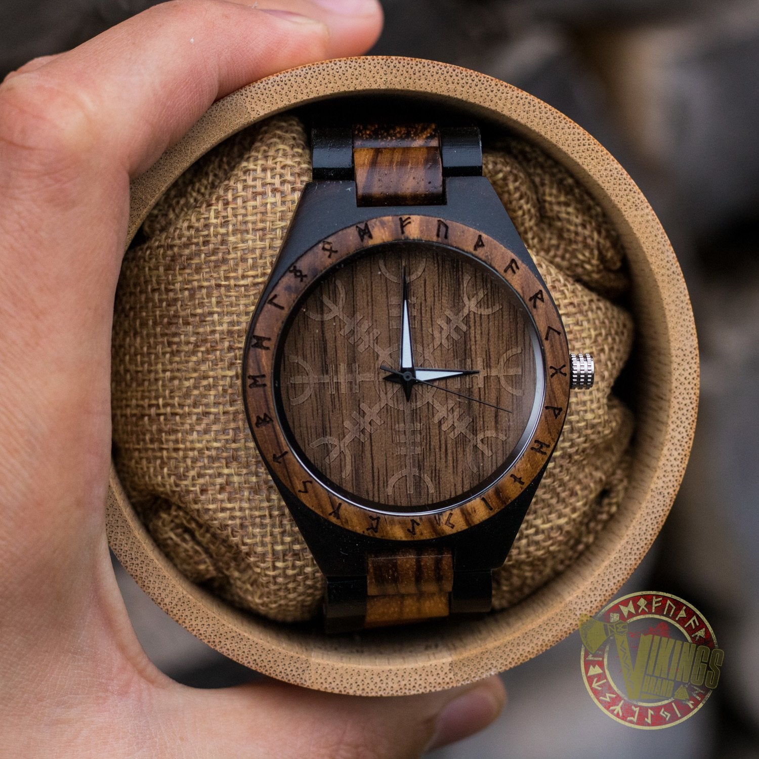 Ivar Viking Wooden Watch with Helm of Awe Viking Symbol & Engraved Die in Battle & Go To Valhalla Saying - VikingsBrand