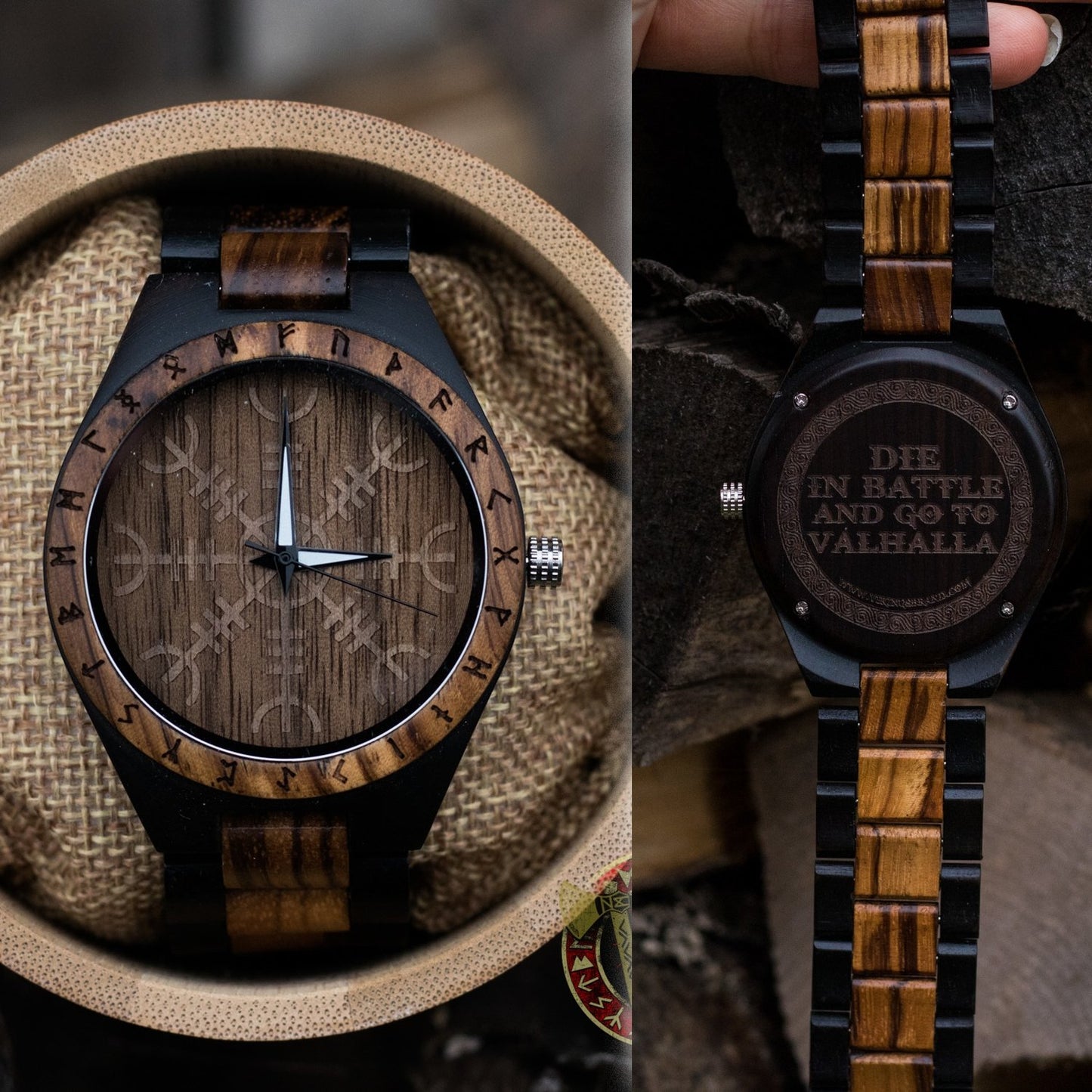 Handmade Ivar Wooden Viking Watch with Helm of Awe and Runic Circle, Unisex, Includes Customizable Engraved Quote or Name front and back