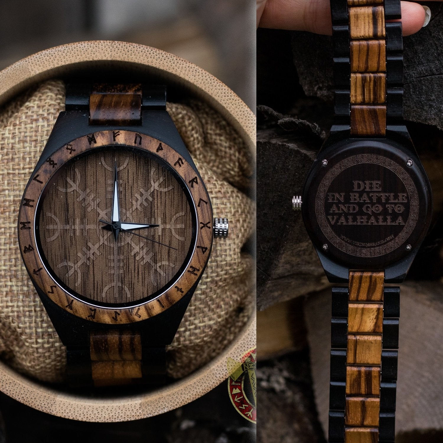 Handmade Ivar Wooden Viking Watch with Helm of Awe and Runic Circle, Unisex, Includes Customizable Engraved Quote or Name front and back