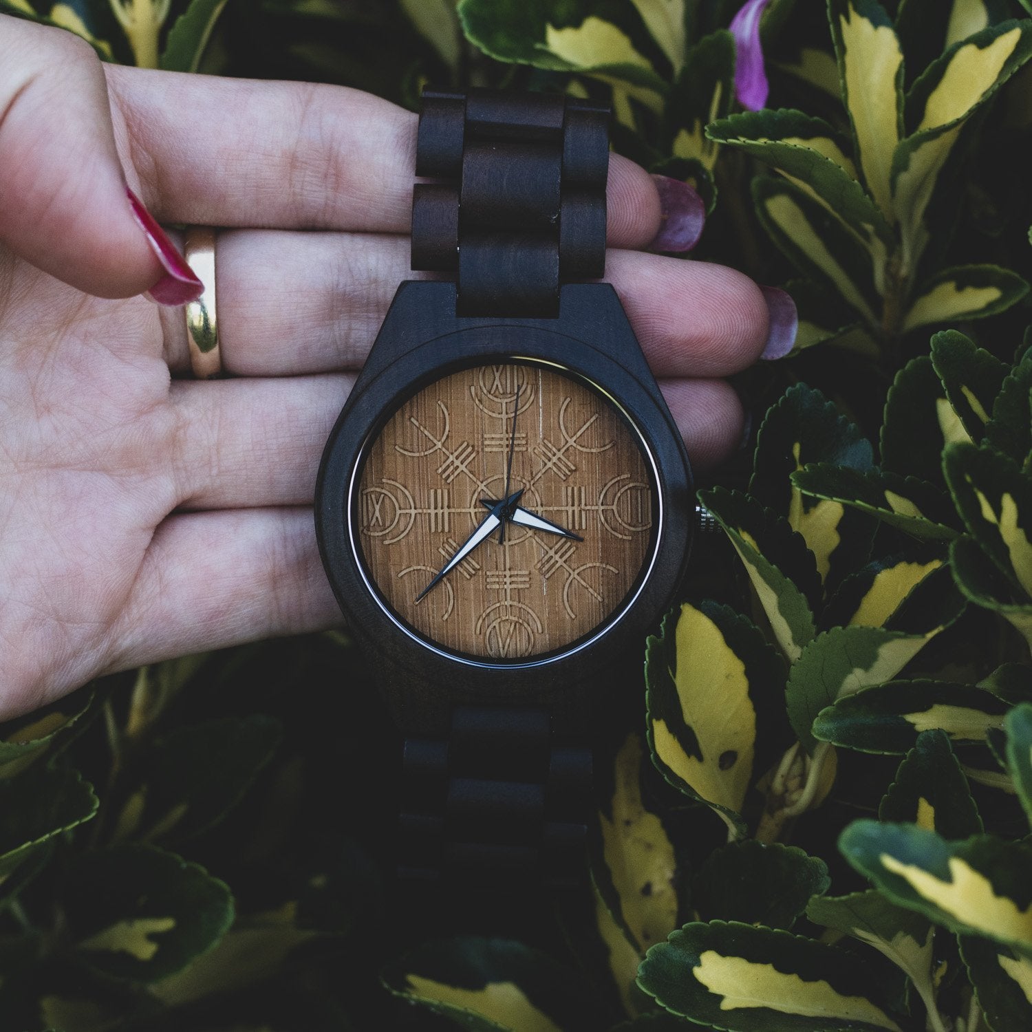 Jarl Viking Wooden Watch with Helm of Awe Viking Symbol - VikingsBrand