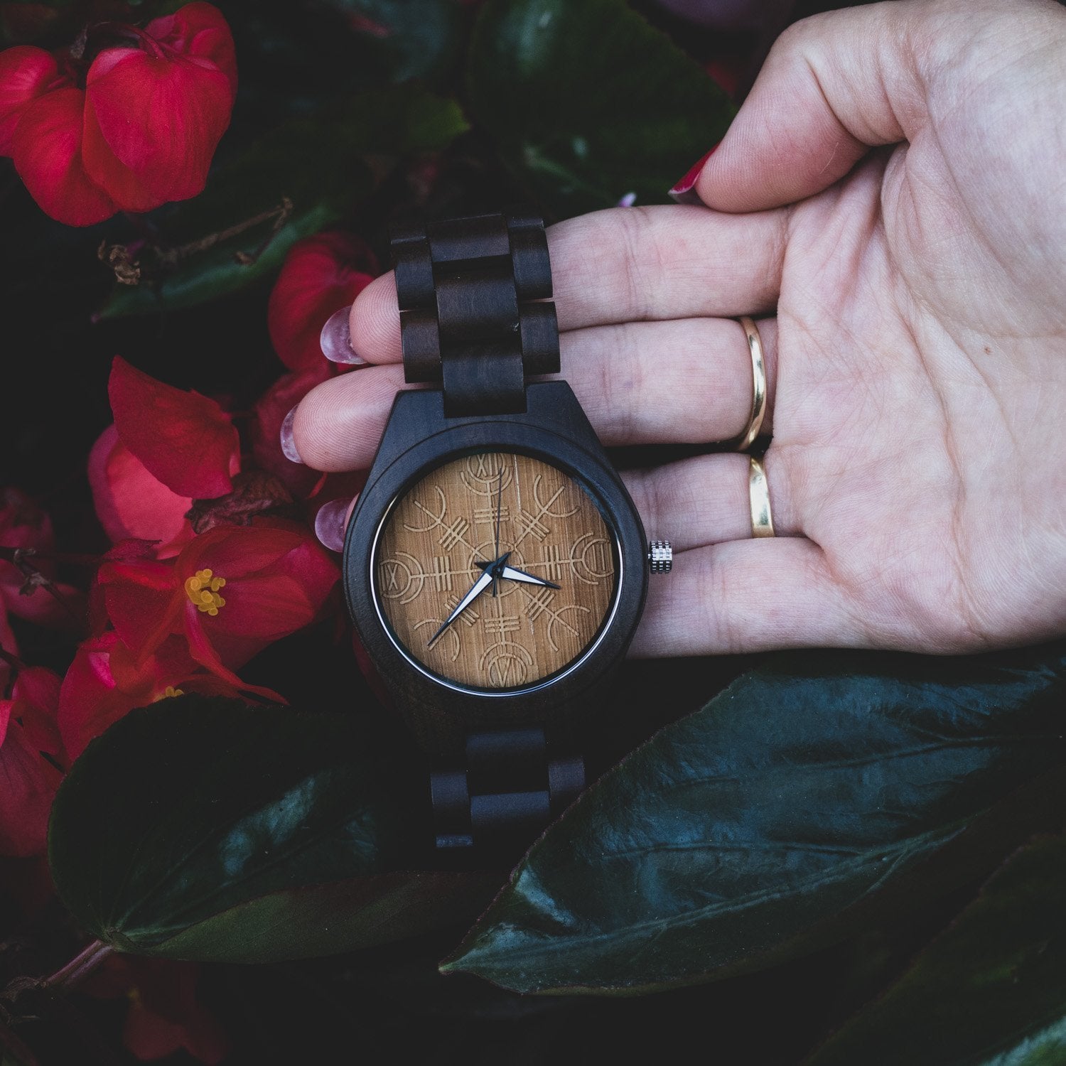 Jarl Viking Wooden Watch with Helm of Awe Viking Symbol - VikingsBrand