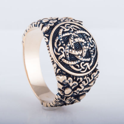 Jormungandr Symbol with Oak Leaves and Acorns Bronze Viking Ring