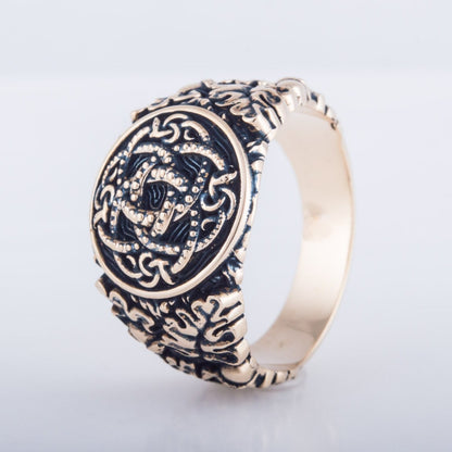 Jormungandr Symbol with Oak Leaves and Acorns Bronze Viking Ring