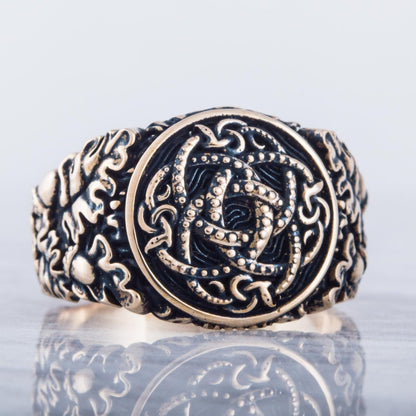 Jormungandr Symbol with Oak Leaves and Acorns Bronze Viking Ring