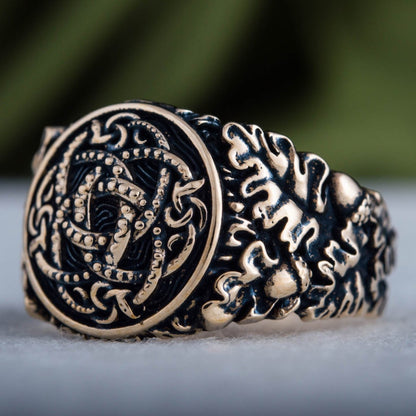 Jormungandr Symbol with Oak Leaves and Acorns Bronze Viking Ring