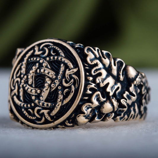 Jormungandr Symbol with Oak Leaves and Acorns Bronze Viking Ring