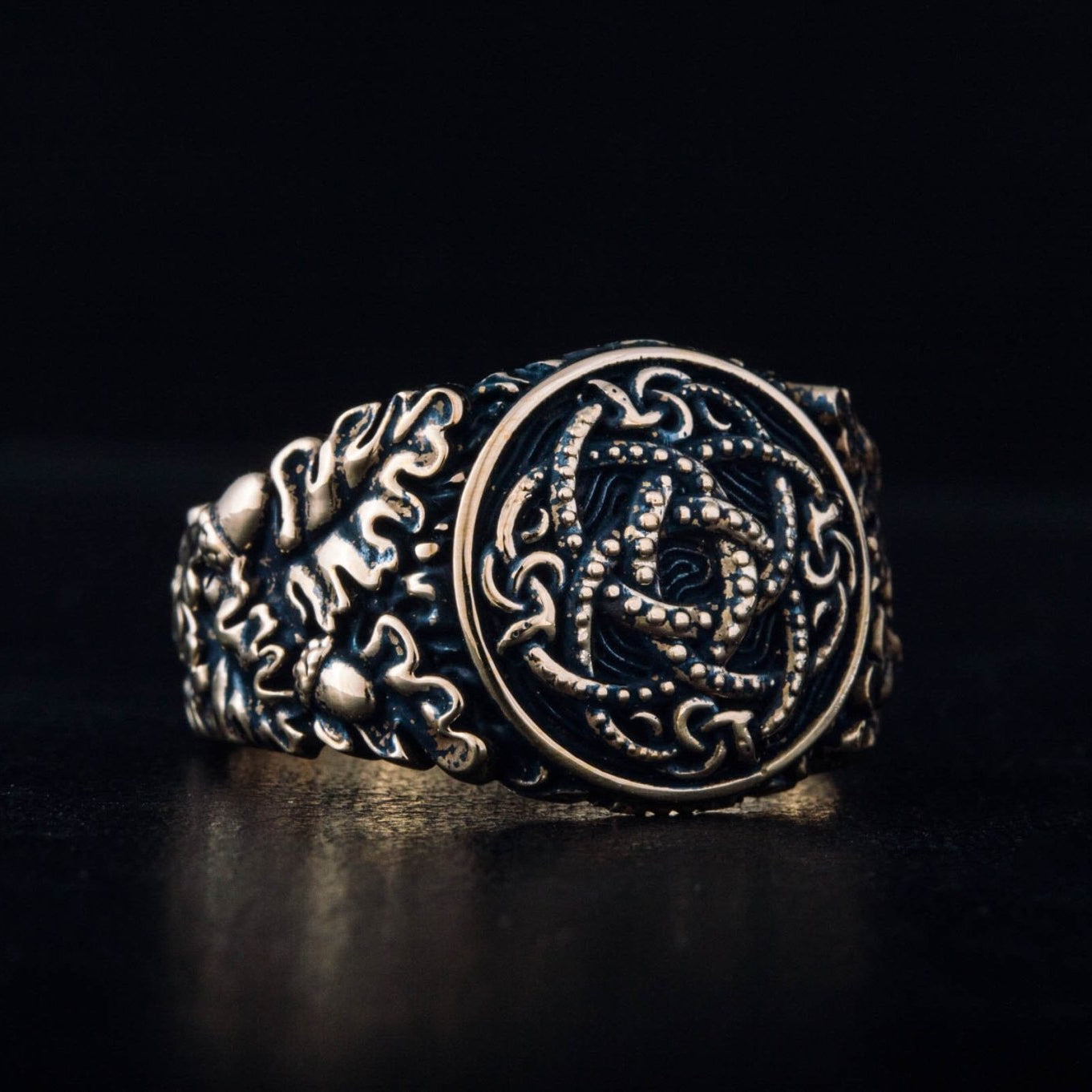 Jormungandr Symbol with Oak Leaves and Acorns Bronze Viking Ring