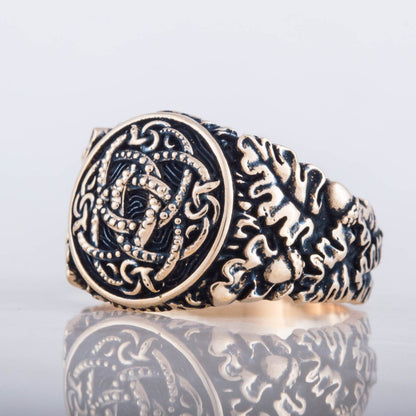 Jormungandr Symbol with Oak Leaves and Acorns Bronze Viking Ring