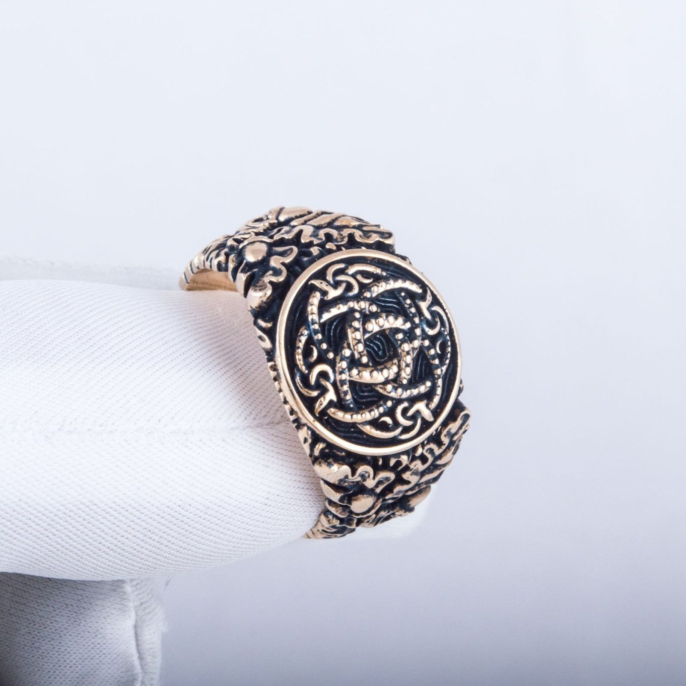 Jormungandr Symbol with Oak Leaves and Acorns Bronze Viking Ring