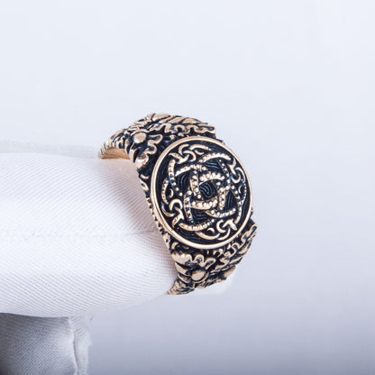 Jormungandr Symbol with Oak Leaves and Acorns Bronze Viking Ring