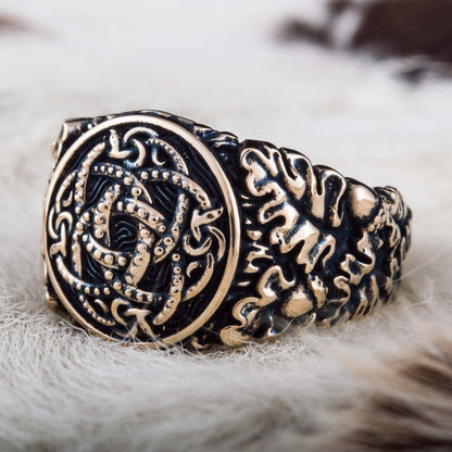 Jormungandr Symbol with Oak Leaves and Acorns Bronze Viking Ring
