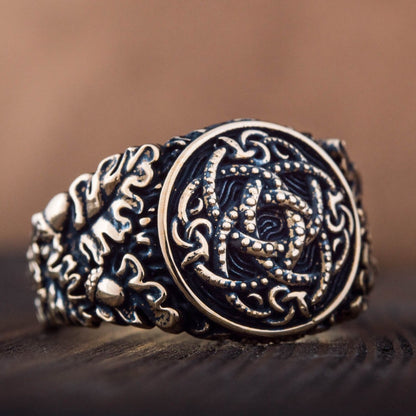 Jormungandr Symbol with Oak Leaves and Acorns Bronze Viking Ring