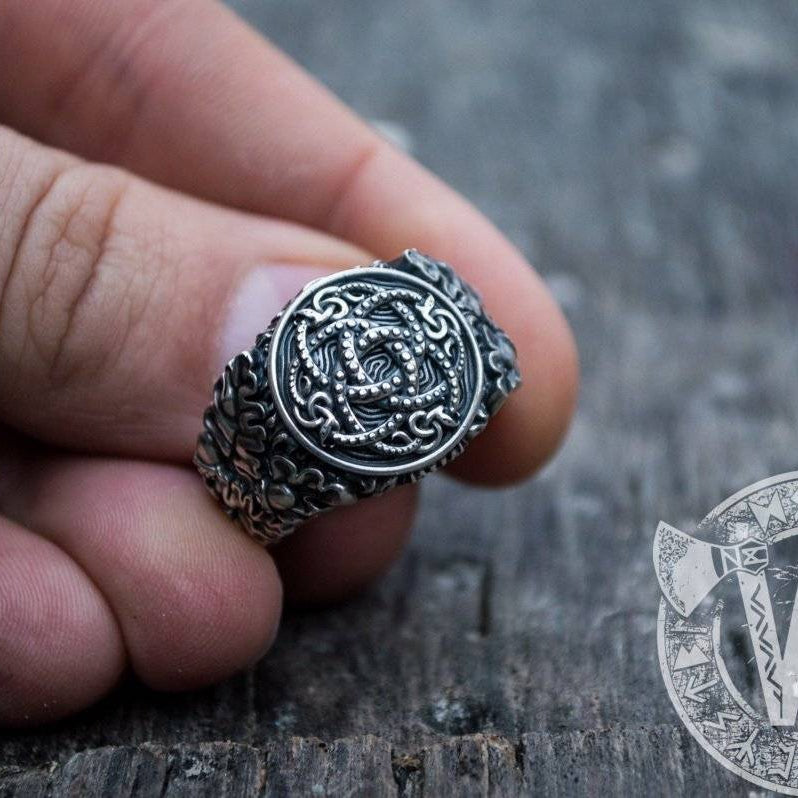 Jormungandr Symbol with Oak Leaves and Acorns Sterling Silver Viking Ring - VikingsBrand