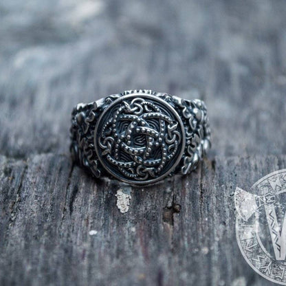 Jormungandr Symbol with Oak Leaves and Acorns Sterling Silver Viking Ring - VikingsBrand