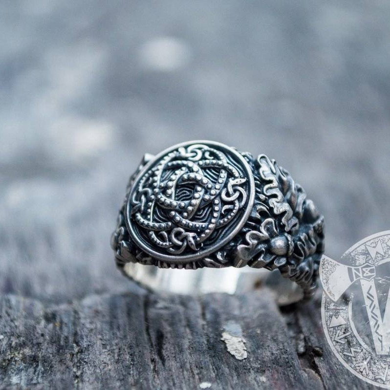 Jormungandr Symbol with Oak Leaves and Acorns Sterling Silver Viking Ring - VikingsBrand