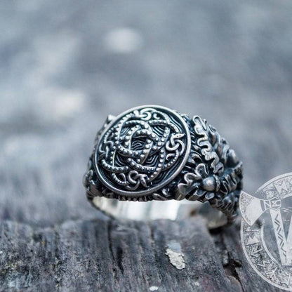 Jormungandr Symbol with Oak Leaves and Acorns Sterling Silver Viking Ring - VikingsBrand