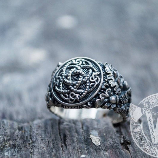 Jormungandr Symbol with Oak Leaves and Acorns Sterling Silver Viking Ring - VikingsBrand