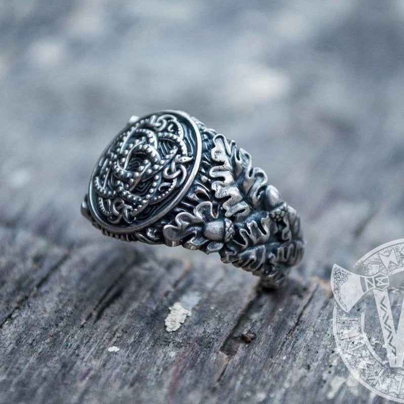 Jormungandr Symbol with Oak Leaves and Acorns Sterling Silver Viking Ring - VikingsBrand