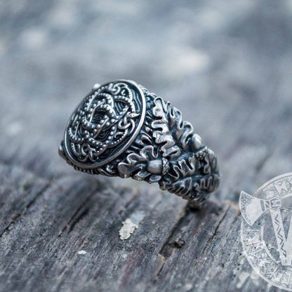 Jormungandr Symbol with Oak Leaves and Acorns Sterling Silver Viking Ring - VikingsBrand