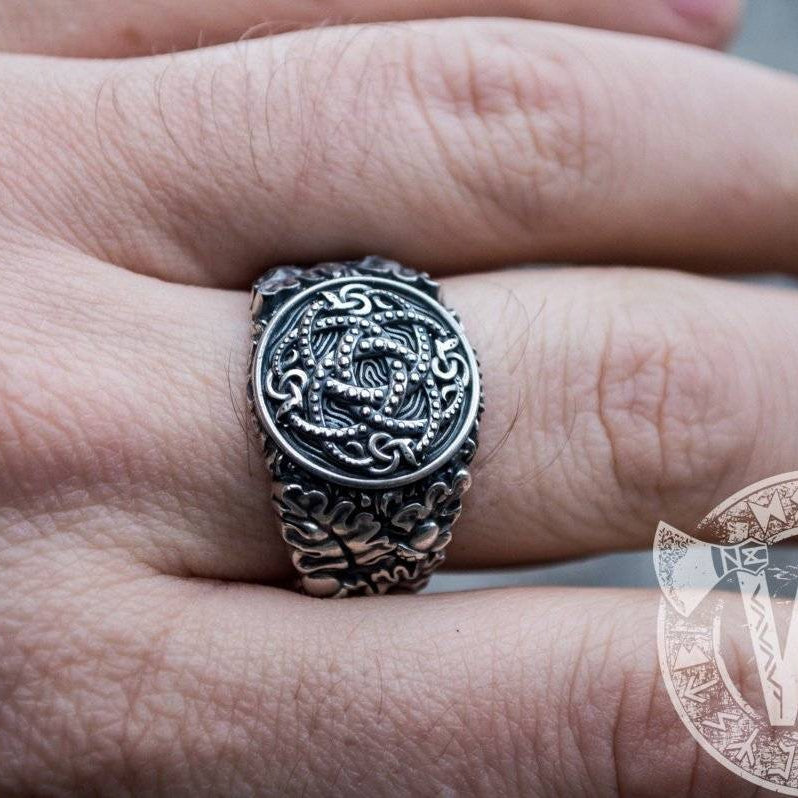Jormungandr Symbol with Oak Leaves and Acorns Sterling Silver Viking Ring - VikingsBrand