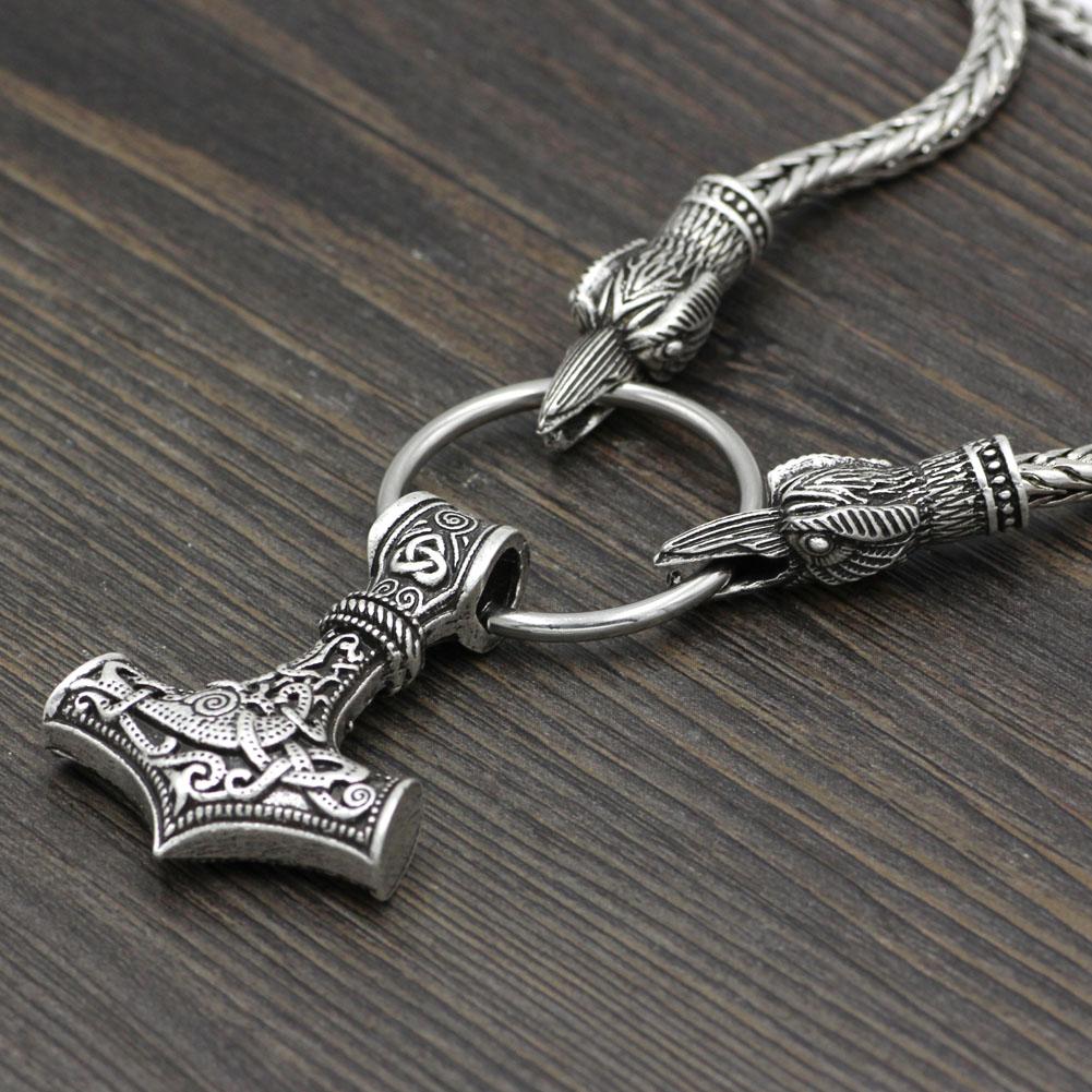 King's Chain Necklace with Raven Head Beads and Thor's Hammer Pendant - VikingsBrand