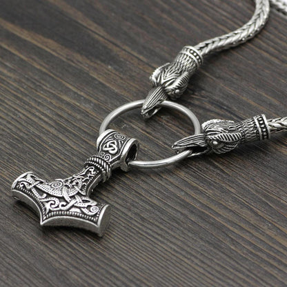 King's Chain Necklace with Raven Head Beads and Thor's Hammer Pendant - VikingsBrand