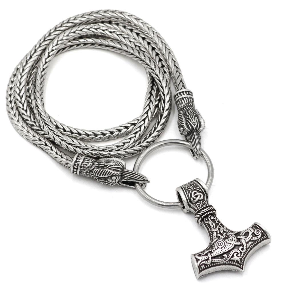 King's Chain Necklace with Raven Head Beads and Thor's Hammer Pendant - VikingsBrand