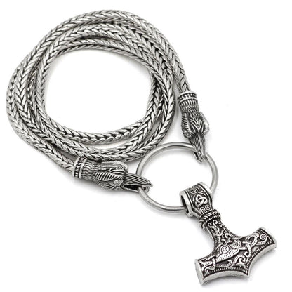 King's Chain Necklace with Raven Head Beads and Thor's Hammer Pendant - VikingsBrand