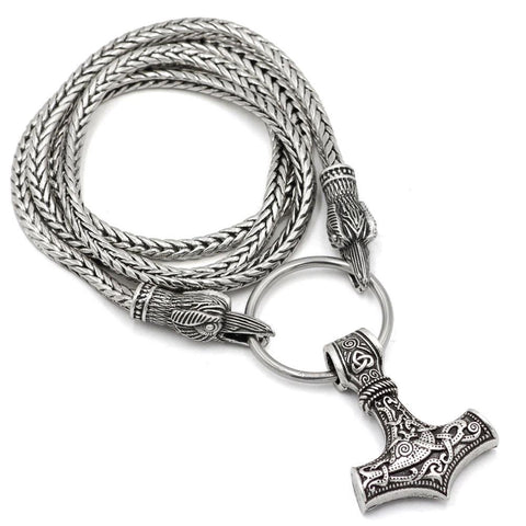 King's Chain Raven Head Necklace with Thor's Hammer