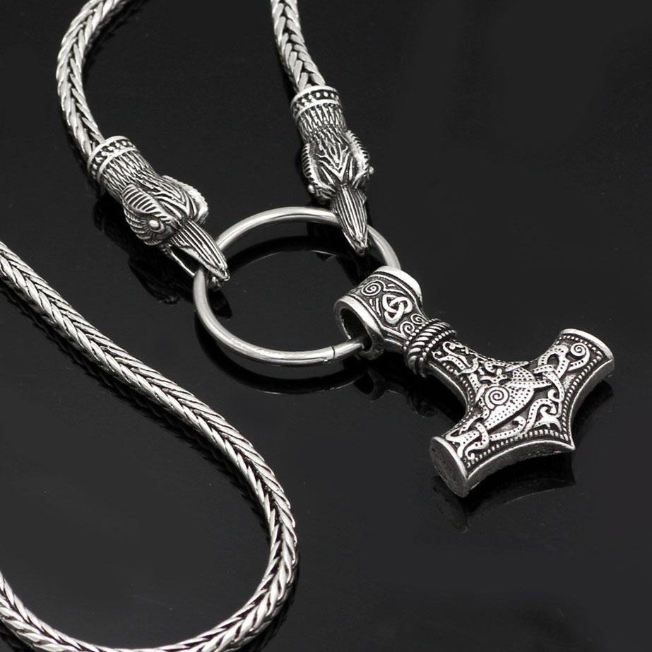 King's Chain Necklace with Raven Head Beads and Thor's Hammer Pendant - VikingsBrand