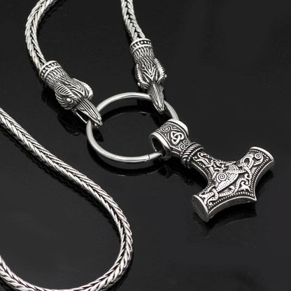 King's Chain Necklace with Raven Head Beads and Thor's Hammer Pendant - VikingsBrand