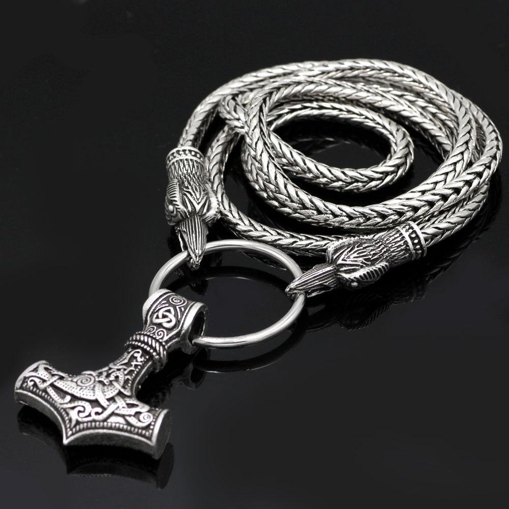 King's Chain Necklace with Raven Head Beads and Thor's Hammer Pendant - VikingsBrand