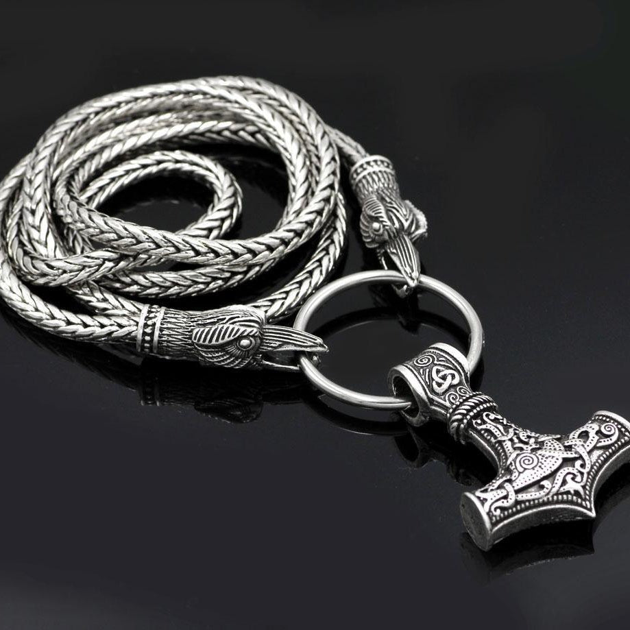 King's Chain Necklace with Raven Head Beads and Thor's Hammer Pendant - VikingsBrand