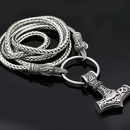 King's Chain Necklace with Raven Head Beads and Thor's Hammer Pendant - VikingsBrand
