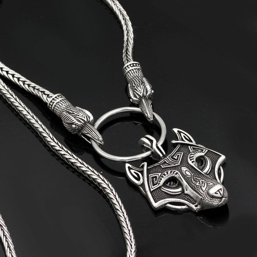 King's Chain Necklace with Raven Head Beads and Wolf Head Pendant - VikingsBrand