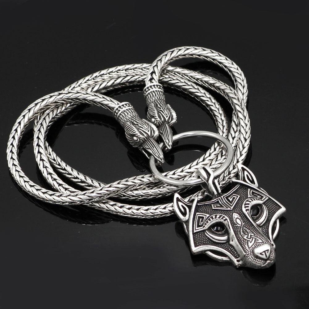 King's Chain Necklace with Raven Head Beads and Wolf Head Pendant - VikingsBrand