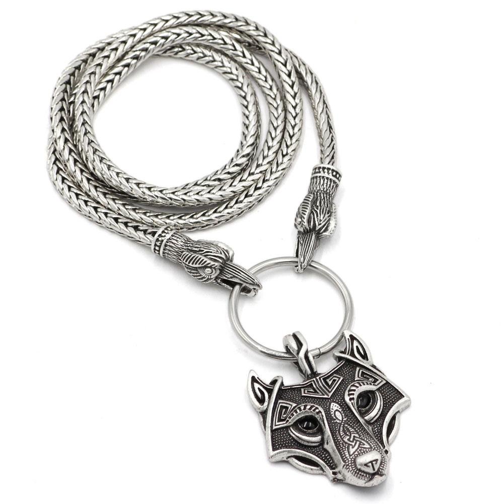 King's Chain Necklace with Raven Head Beads and Wolf Head Pendant - VikingsBrand