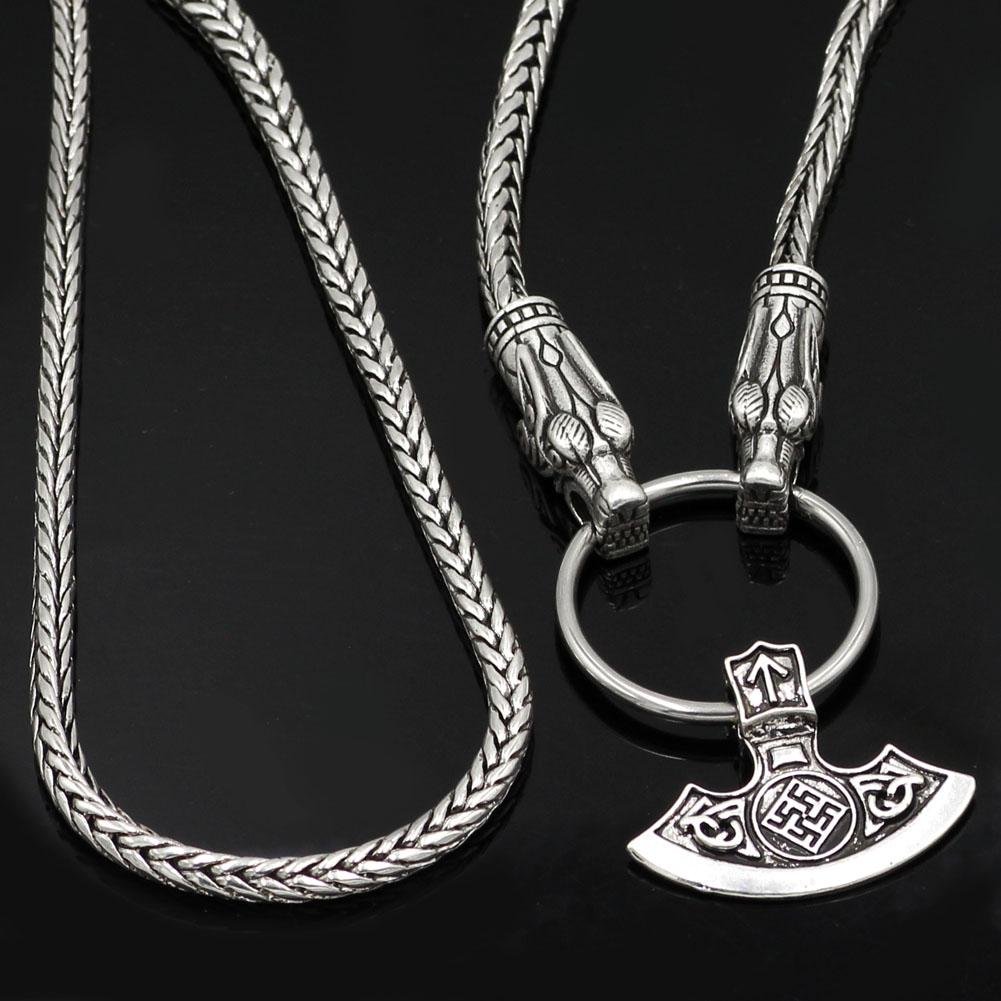 King's Chain Necklace with Wolf Head Beads and Ax Pendant - VikingsBrand